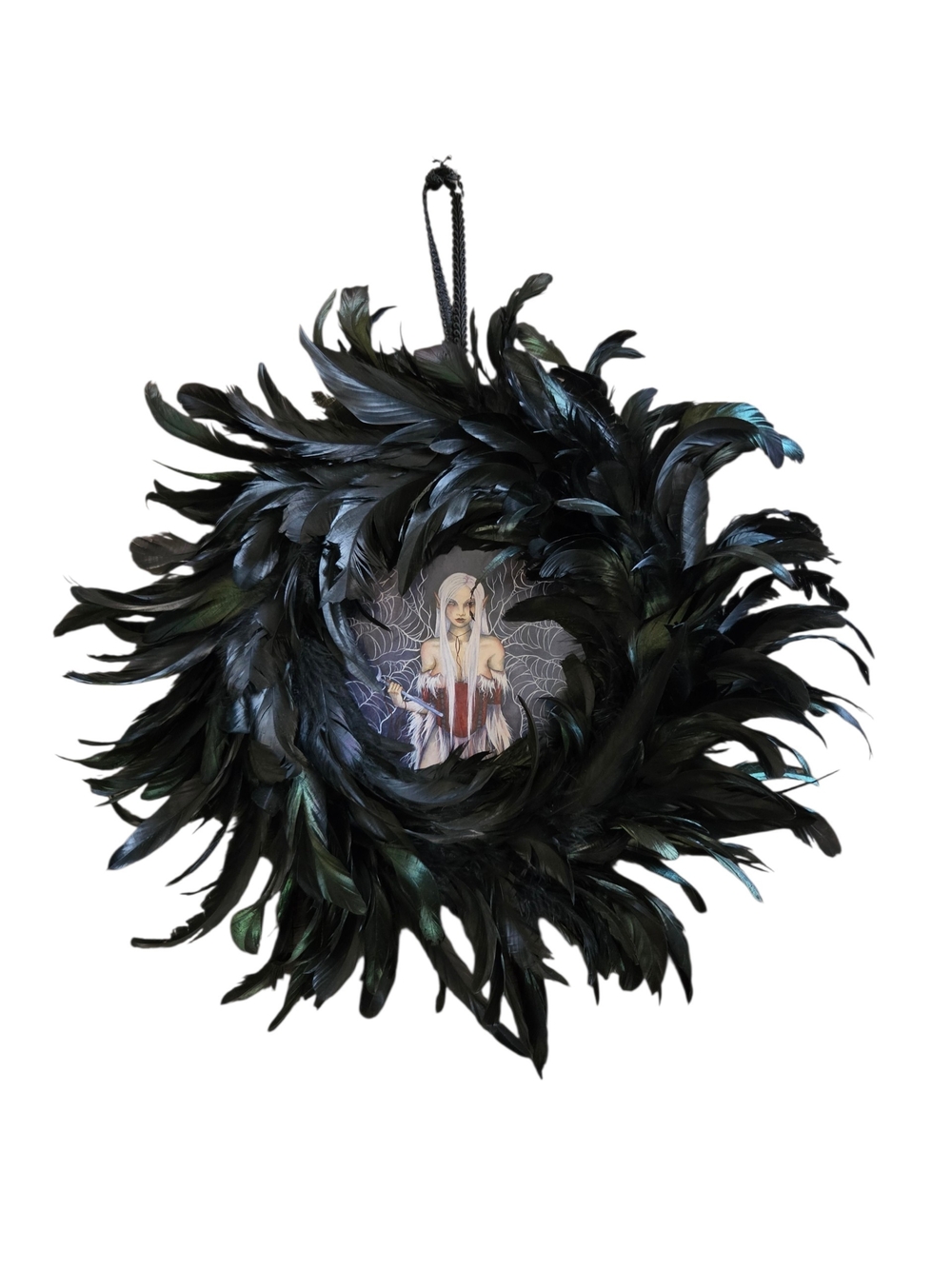 Gothic Black Iridescent Feather Large Hanging Wall Decor Wreath